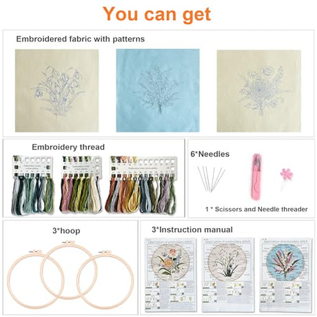Myfelicity Embroidery kit for Adults and Beginners, Includes 3 Floral Pattern Fabrics, 3 Embroidery Hoops, Embroidery Floss and Other Tools. Myfelicity