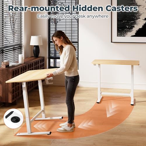 FitStand Pneumatic Standing Desk, 39.4" x 23.6" One-Piece Adjustable Height Home Office Desk, Rolling Computer Workstation with Hooks & Cup Holder,2 Rear-Mounted Hidden Casters, Maple FitStand