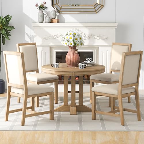 DINTABBLE 5-Piece Farmhouse Extendable Dining Round Wooden Tabletop with 4 Upholstered Chairs, Table Set for 4, Ideal for Kitchen, Living Room, Natural Wood Wash, 1