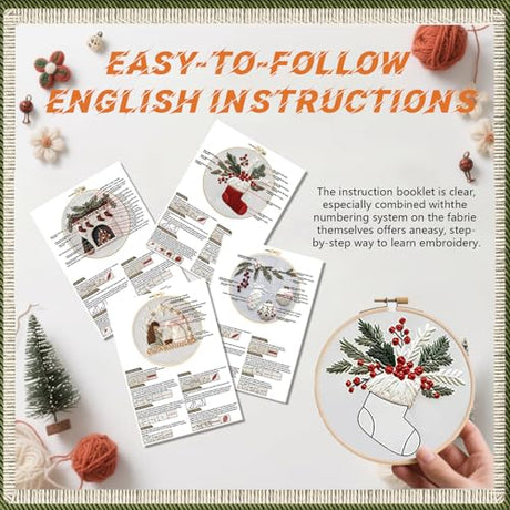 WKALXJ 4 Sets Embroidery Kits for Beginners Adults, Cross Stitch Kits, Needlepoint Kits with Instruction, Video, Needle Point Kits with Holly Fireplace Stocking Nativity Patterns (Christmas A) WKALXJ