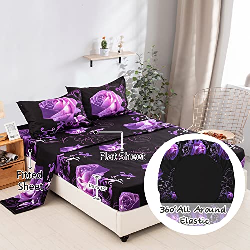 Xruibed Floral Comforter Set Full 7 Piece Bed in a Bag Purple Rose Flower Comforter with Sheet Set Soft Micorfiber Bedding Set (1 Comforter,2 Pillow Shams,1 Flat Sheet,1 Fitted Sheet,2 Pillowcases) Xruibed