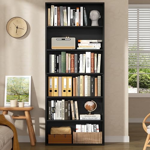 Shintenchi Bookshelf,6-Tier Open Bookcase and Bookshelves,6 Shelf Display Storage Shelves Floor Standing 70.6 inches Tall Bookcase for Home Office, Living Room (Black) Shintenchi