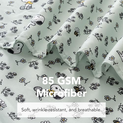 Berkshire Blanket Peanuts® Kids Sheet Set Full Size - 4 Pieces,Cute Character Snoopy Printed Soft Microfiber Bed Sheets,Mini Snoopy & Woodstock New Flower and Bees Sage Berkshire Blanket