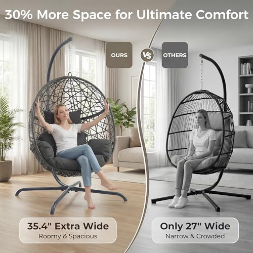 NICESOUL Swing Egg Chair with Stand, Bird Cage Patio Hanging Chair with Cushion, Large Swinging Chairs Indoor Outdoor, All-Weather 350lbs Eggshell Basket Seat for Porch, Backyard, Dark Grey