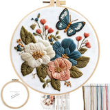 FONNUY Boho Floral Embroidery Kit, Pre-Stamped Butterfly Frolicking in Blooms Patterns Kits for Adults and Beginners, Handmade DIY Crafts Set, Color Thread Needlework, 8'' Hoop (Blue A2)