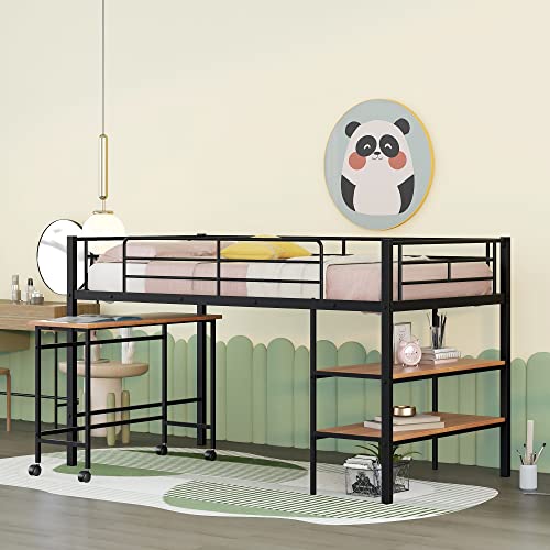 Harper & Bright Designs Twin Loft Bed Low Loft Bed Frame with Storage Shelves and Movable Table with Wheels, Metal Low Loft Beds Small Room/Low Ceiling Bedroom with Guardrail and Ladder, Black Harper & Bright Designs