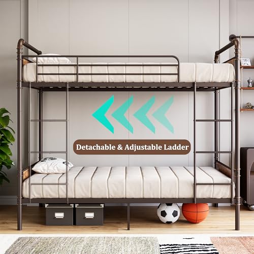 Garvee Industrial Twin Over Twin Bunk Bed, Convertible to 2 Separate Single Beds, Sturdy Metal Bunk Bed, Detachable Ladder & High Safety Guardrails for Safety, Space-Saving Design
