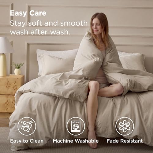 Bedsure 100% Washed Cotton Duvet Cover Queen Size - Frosted Almond Minimalist Cotton Duvet Cover Linen Like for All Seasons - GentleSoft™ Plain Simple Bedding, Frosted Almond, Queen, 90"x90" Bedsure