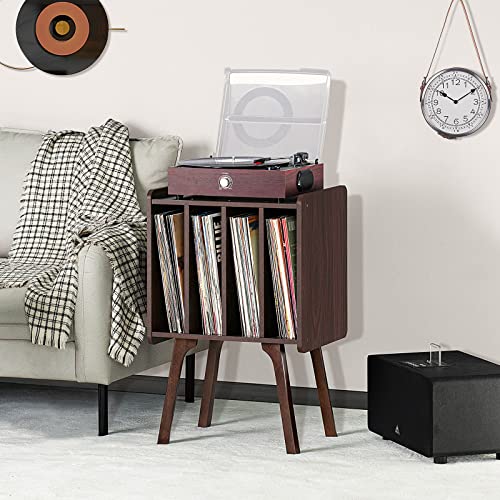 LELELINKY Record Player Stand, Walnut Vinyl Record Storage Table with 4 Cabinet Up to 100 Albums,Mid-Century Modern Turntable Stand with Wood Legs,Vinyl Holder Display Shelf for Bedroom Living Room LELELINKY