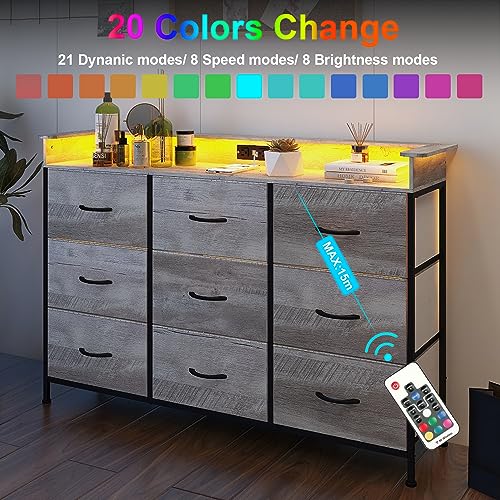 EXOTICA Dresser with Charge Station 9 Drawers Dresser for Bedroom with LED Lights Tall Wide Fabric Dressers & Chests of Drawers for Closet Hallway Entryway Sturdy Steel Frame Wood Top EXOTICA
