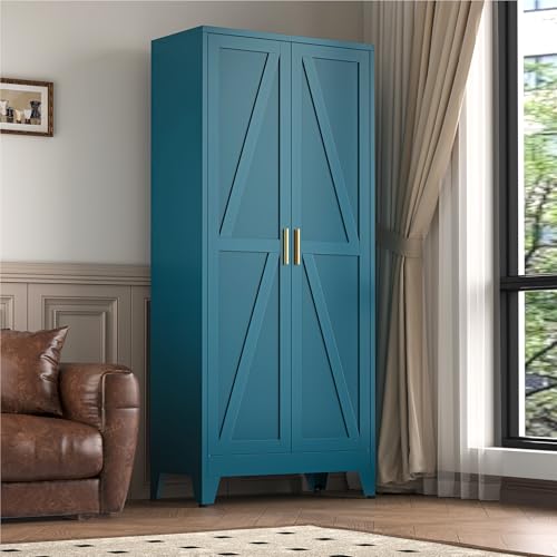 YAUWOH 71''Metal Cabinet with 4 Adjustable Shelves,5-Tier Pantry Storage Cabinet,Kitchen Pantry Cabinet for Living Room,Dining Room, Blue YAUWOH