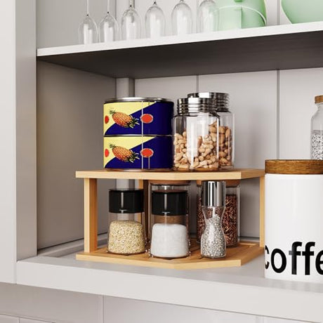 VERTORGAN Bamboo Corner Shelf,2 Tier Plate Organizer for Cabinet and Countertop,Pantry Dish and Spice Rack for Kitchen VERTORGAN