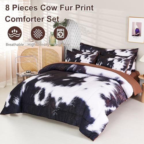 SUCSES 8 Pieces California King Comforter Set with Sheets, Cal King Size Cow Fur Print Bedding Set for Kids Teens Boys Girls, Western Style Highland Cowhide Farmhouse Bed in A Bag SUCSES