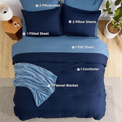 Bedsure Full Comforter Set Navy Blue, 8 Pieces Prewashed Full Size Bed in a Bag with Soft Fleece Bed Blanket, Down Alternative Bedding Set for All Seasons, Sheets, Pillowcases & Shams Bedsure