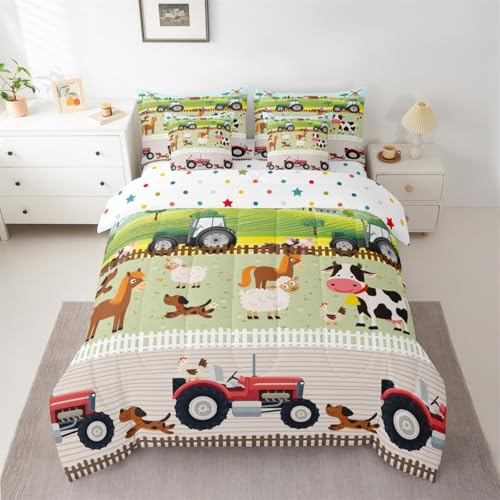 Tractor 7 Piece Bedding Sets Boys Queen, Toddler Kids Cute Cartoon Farm Animals Comforter Set & Sheets Set Farmhouse Bed Set with Comforter, Sheet Set, Pillowcases & Pillow Covers - Soft Breathable Feelyou