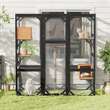 Outdoor Cat Catio Enclosures Large Pine Wood Cat House Patio for Feral Cat Shelter with 2 Enter Doors, 2 Resting Rooms, 3 Platforms, 68.5" H (Black Brown) Caviresta