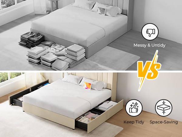 koorlian Queen Size Upholstered Bed Frame with 4 Storage Drawers and 51'' Tall Headboard Wingback Platform Bed Frames with RGB LED & USB Charging, 3 Adjustable Height, Noise-Free/Metal Support, Beige koorlian