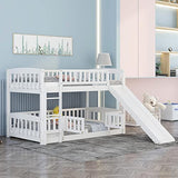 Merax Twin Over Twin Bunk Bed with Slide, Low Bunk Bed Frame with Convertible Ladder & Detachable Fence, Solid Pine Wood Structure for Bedroom, White Merax