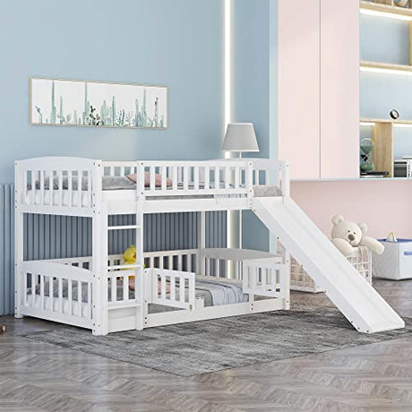 Merax Twin Over Twin Bunk Bed with Slide, Low Bunk Bed Frame with Convertible Ladder & Detachable Fence, Solid Pine Wood Structure for Bedroom, White Merax