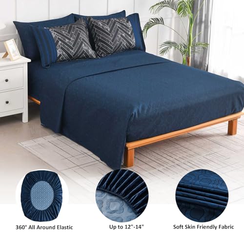 Luxudecor Navy Blue Comforter Set King Size, 7 Pieces Stripe Geometric Bed in a Bag, Soft Microfiber Navy Comforter and Sheet Set Complete Bedding Sets for All Seasons 104"×90" Luxudecor