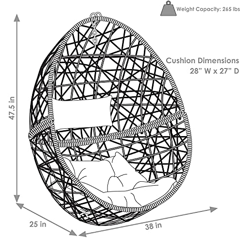Sunnydaze Caroline Hanging Resin Wicker Egg Chair - 265-Pound Weight Capacity - Removable Beige Polyester Cushions