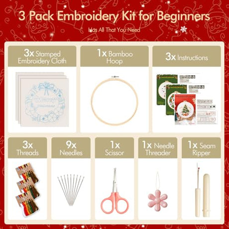 Christmas Embroidery Kits: 3 Pack Cross Stitch Kit for Beginners Adults, DIY Ornaments Craft Kit with All Tools & Instructions, Stamped Hand Embroidery Starter Kit for Holiday Crafts & Xmas Home Decor wtisan