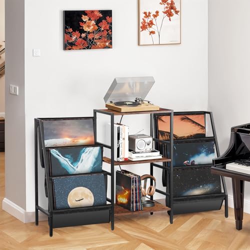 SUPER DEAL Record Player Stand, 3-Tier Turntables Stand with Vinyl Storage and Charging Station, Display Rack Table for Speaker, Amplifier, Storage Up to 280 Albums, Rustic Brown SUPER DEAL