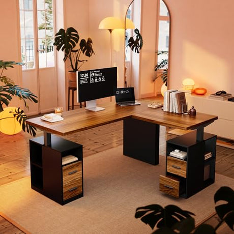 HUANUO 63 Inch L Shaped Standing Desk, Electric Executive Height Adjustable Desk with Storage Drawers, Reversible Design Computer Workstation for Home Office, Black Walnut HUANUO