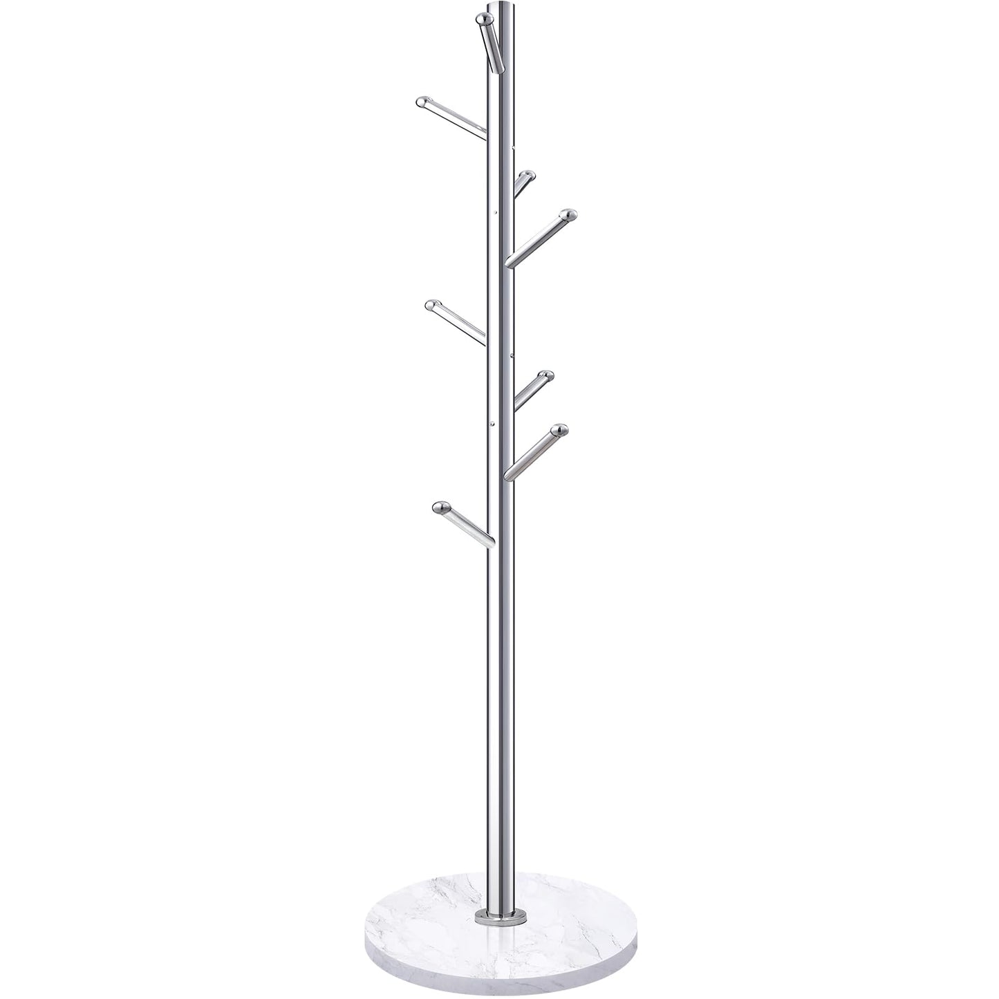 Homde Metal Coat Rack Stand with Natural Marble Base, Stainless Steel Freestanding Coat Tree Hanger with 8 Hooks, Hall Tree for Clothes Jackets Hat Scarves Handbags Entryway Bedroom (Silver)