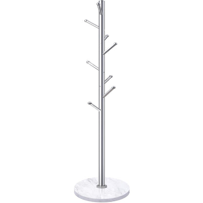 Homde Metal Coat Rack Stand with Natural Marble Base, Stainless Steel Freestanding Coat Tree Hanger with 8 Hooks, Hall Tree for Clothes Jackets Hat Scarves Handbags Entryway Bedroom (Silver)