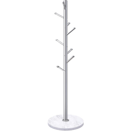 Homde Metal Coat Rack Stand with Natural Marble Base, Stainless Steel Freestanding Coat Tree Hanger with 8 Hooks, Hall Tree for Clothes Jackets Hat Scarves Handbags Entryway Bedroom (Silver) Homde