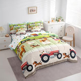 Tractor 7 Piece Bedding Sets Boys Queen, Toddler Kids Cute Cartoon Farm Animals Comforter Set & Sheets Set Farmhouse Bed Set with Comforter, Sheet Set, Pillowcases & Pillow Covers - Soft Breathable Feelyou