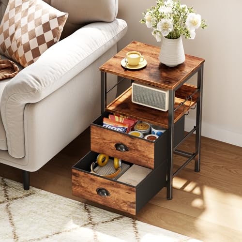 Furologee Nightstand with 2 Fabric Drawers, Night Stand with 2-Tier Shelf, Bedside Table with Hooks, Open Wooden Shelf, End Table for Bedroom, Backboard Design, Metal Frame, Rustic Brown Furologee