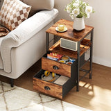 Furologee Nightstand with 2 Fabric Drawers, Night Stand with 2-Tier Shelf, Bedside Table with Hooks, Open Wooden Shelf, End Table for Bedroom, Backboard Design, Metal Frame, Rustic Brown Furologee