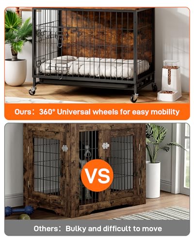 Dog Crate Furniture, 27.2" Double-Doors Dog Kennel Indoor with Removable Tray and Wheels, Wooden Dog Crates for Small Dogs, Dog Kennel Furniture, Decorative Dog Cage End Table, Rustic Brown GAOMON