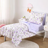 Wake In Cloud - Floral Toddler Bedding Set for Girls, Cute Colorful Botanical Flowers, 4 Pieces Soft Crib Bed Set Including Comforter, Sheets and Pillowcase, Purple White Wake In Cloud