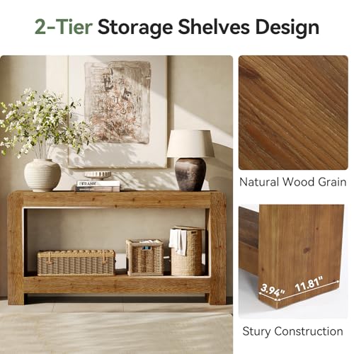 TRIBEWOOD Solid Wood Console Table with Storage, 63-Inch Farmhouse Entryway Table, 2-Tier Narrow Sofa Console Behind Couch, for Living Room, Hallway, Foyer, Rustic Brown TRIBEWOOD