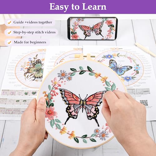 3 Sets Butterfly Flower Embroidery Kit for Beginners, Cross Stitch Practice Kits for Craft Lover with Pre-Stamped Patterns, 7.8-Inch Hoop, Threads, Needles, Step-by-Step Guide & Video, Needlepoint Kit