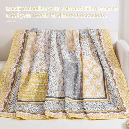 WONGS BEDDING Yellow Quilt Set Full,Bohemian Patchwork Bedspread Coverlet Set, Reversible Boho Floral Pattern Bedspreads Bedding Quilt Set for All Seasons (78"x90") WONGS BEDDING