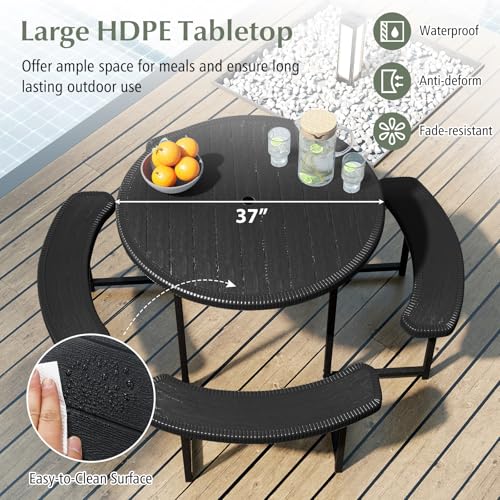 Giantex Picnic Table Bench Set for 4-8 Person, Round 37” Outdoor Dining Table w/Umbrella Hole, HDPE Tabletop, Metal Frame, Patio Furniture Set for Backyard Porch Lawn, 1400lb Capacity (Black,Round) Giantex