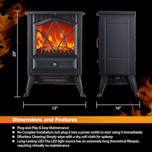 KINSING Freestanding Electric Fireplace Stove Heater, 1500W with Realistic 3D LED Flame Effect, Adjustable Brightness & Thermostat, 2 Heat Settings, Overheat Protection, for Home Indoor Use KINSING