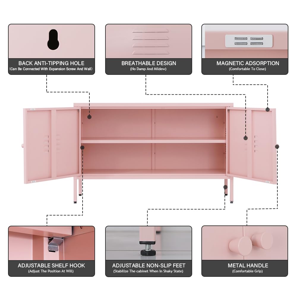 ZHISLUCK 2 Door Metal Accent Storage Cabinet for Bed Room,Living Room,Home,Hotel,Office,2-Tier Steel Storage Cabinet TV Stand (Pink) ZHISLUCK