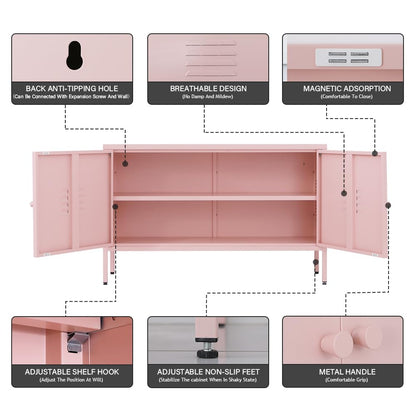 ZHISLUCK 2 Door Metal Accent Storage Cabinet for Bed Room,Living Room,Home,Hotel,Office,2-Tier Steel Storage Cabinet TV Stand (Pink)