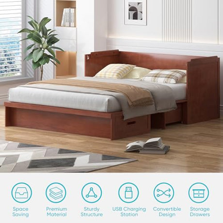 CECER Queen Size Murphy Bed with Tri-Folding Mattress，Murphy Bed with Charging Station and Two Large Storage Drawers for Small Spaces/Bedroom（Maroon）-Mattress Include CECER