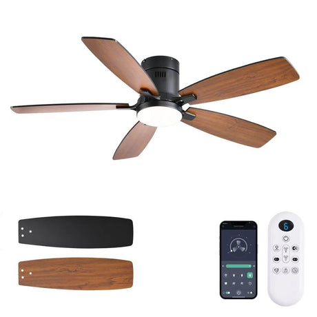 FUMLTP 52inch Ceiling Fans with Lights, Low Profile Ceiling Fan with Light and Remote Control/APP Control, Flush Mount, Reversible Motor, Dimmable, Noiseless, Brown Ceiling Fan for Bedroom (Brown FUMLTP