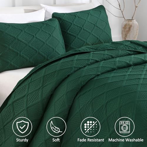 Yiran Quilts King Size, Emerald Green Spring Summer Bedspread Bedding Set, 3 Pieces Diamond Pattern Thin Lightweight Coverlet with 2 Pillow Shams for All Season 106x96 Inch