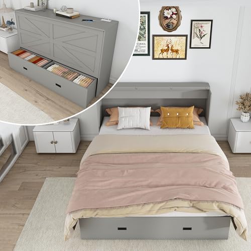 Bellemave Full Murphy Bed with Mattresses and Charging Stations and Storage Drawer, Farmhouse Murphy Cabinet Bed with Foldable Panel, Noisy Free, for Guest Bedroom, Living Room, Gray Bellemave