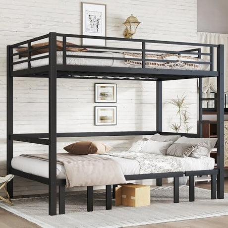 Full over Full Metal Bunk Bed with Guardrails, Convertible Loft Bed with Sofa & Lower Bed, Full Loft Bunk Beds can be Pulled out in 3 Sections for Teens, Adults, Bedroom, Black Harper & Bright Designs