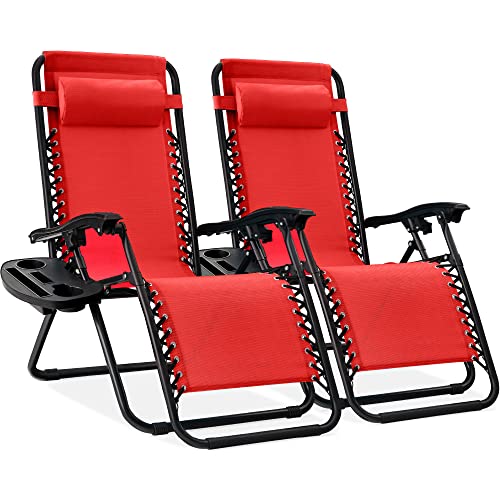 Best Choice Products Set of 2 Adjustable Steel Mesh Zero Gravity Lounge Chair Recliners w/Pillows and Cup Holder Trays - Crimson Red