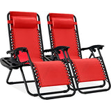Best Choice Products Set of 2 Adjustable Steel Mesh Zero Gravity Lounge Chair Recliners w/Pillows and Cup Holder Trays - Crimson Red